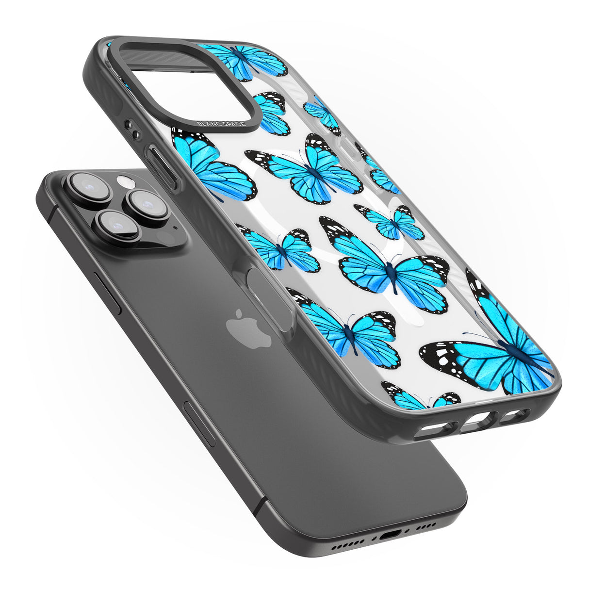 iPhone 16 Pro Max Blue Butterflies Black Impact Phone Case