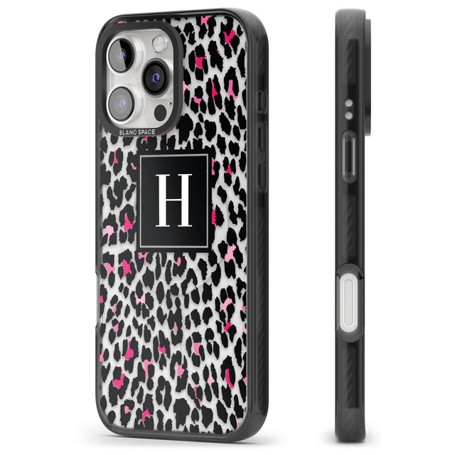 iPhone 16 Pro Max Personalised Pink Monogram Leopard Spots Black Impact Phone Case