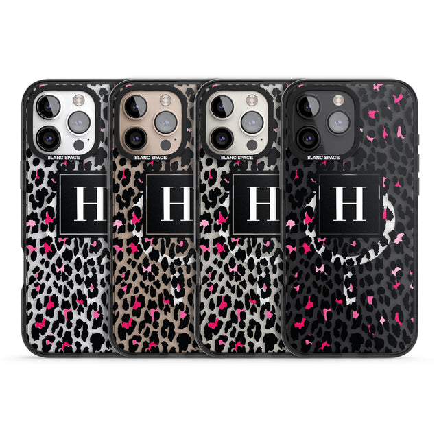 iPhone 16 Pro Max Personalised Pink Monogram Leopard Spots Black Impact Phone Case