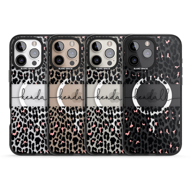 iPhone 16 Pro Max Personalised Pink & Cursive Leopard Spots Black Impact Phone Case