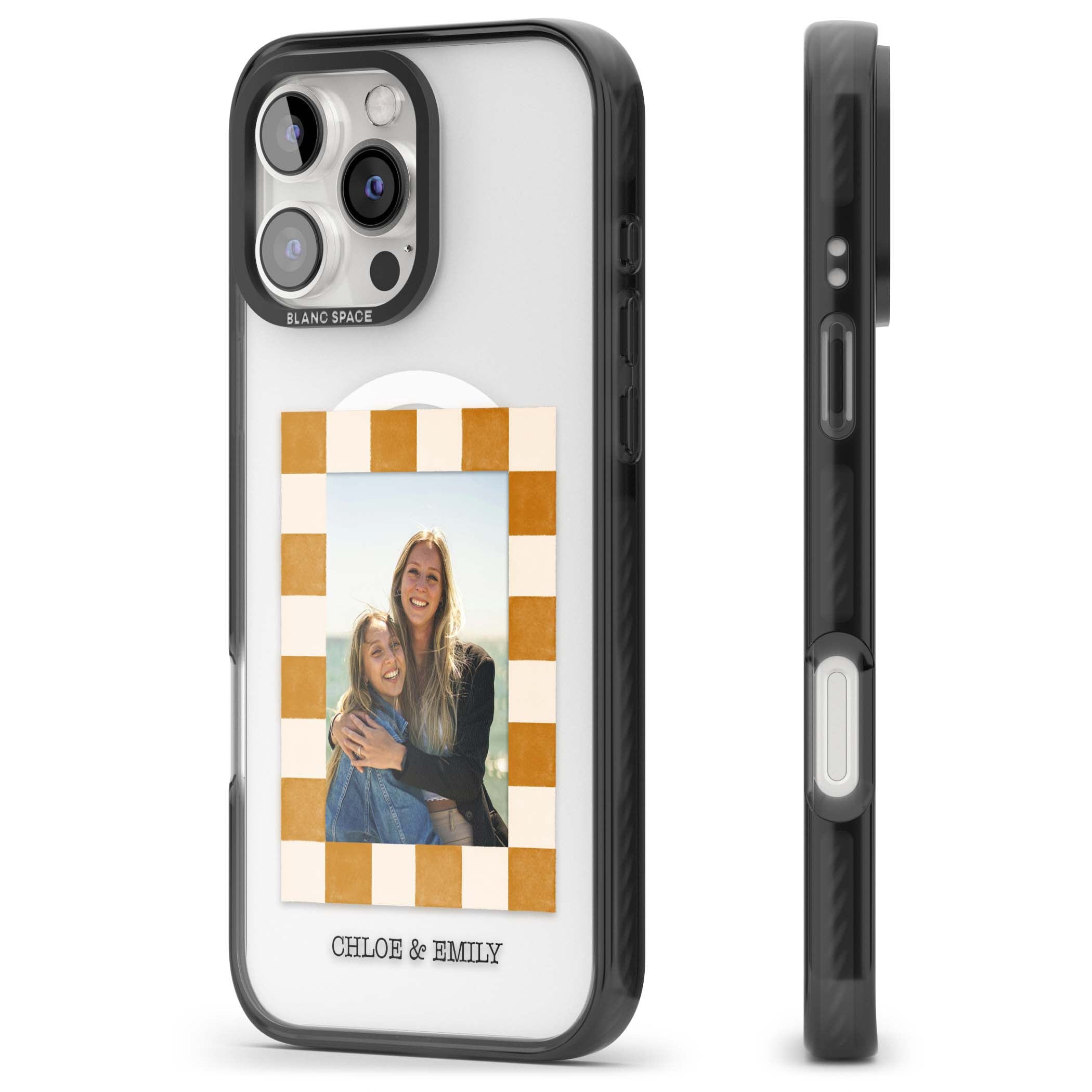 Citrus Check Photo personalised iPhone case with custom photo, orange checkered frame and names underneath | Black Impact Magsafe case for iPhone 16 Pro, iPhone 16 Pro Max