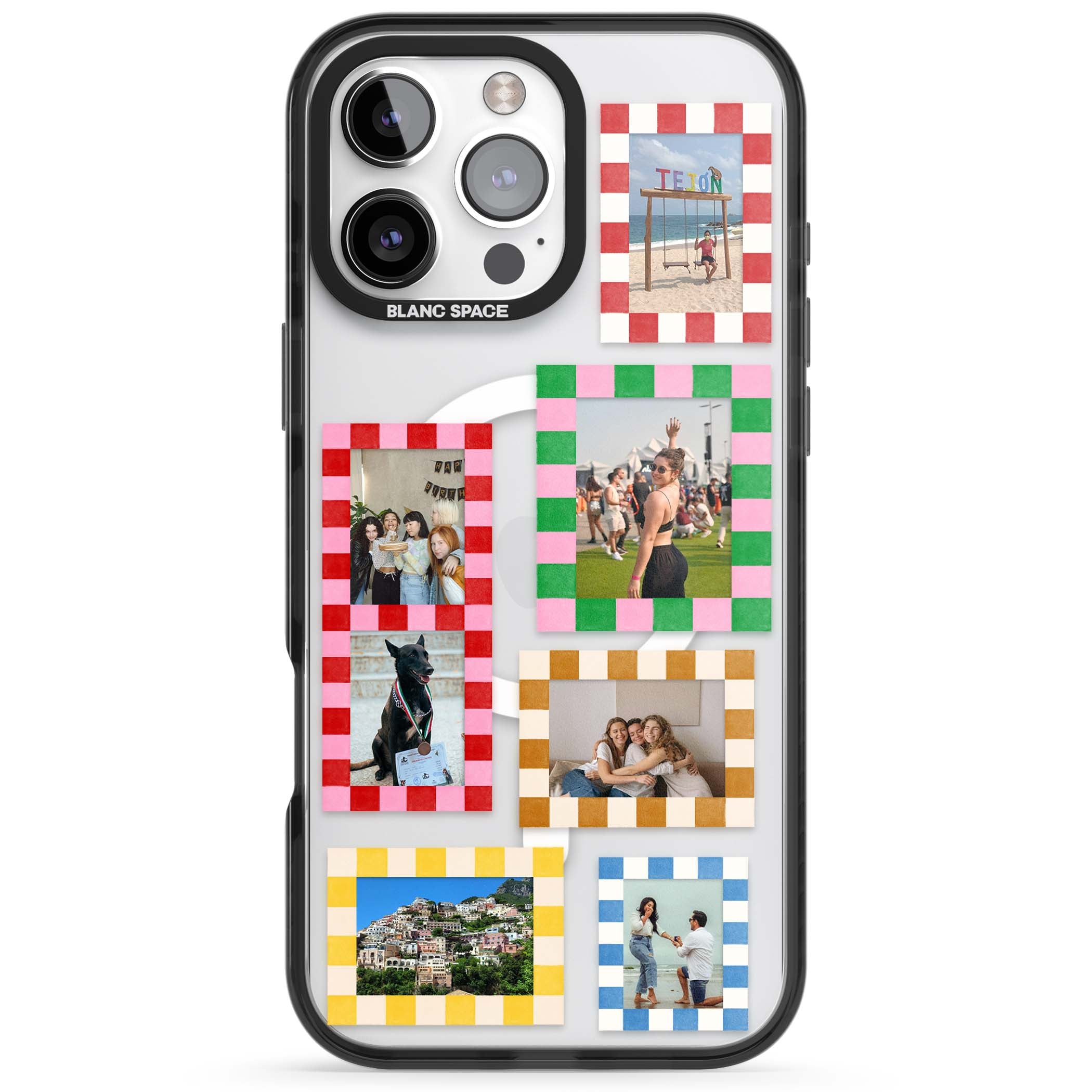 Italian Check Frames custom photo collage iPhone case featuring six checkered photo frames in red, green, pink and  | Black Impact Magsafe case for iPhone 16 Pro, iPhone 16 Pro Max