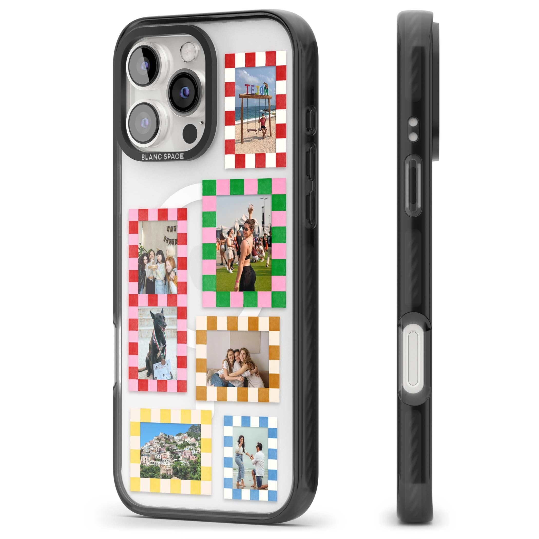 Italian Check Frames custom photo collage iPhone case featuring six checkered photo frames in red, green, pink and  | Black Impact Magsafe case for iPhone 16 Pro, iPhone 16 Pro Max