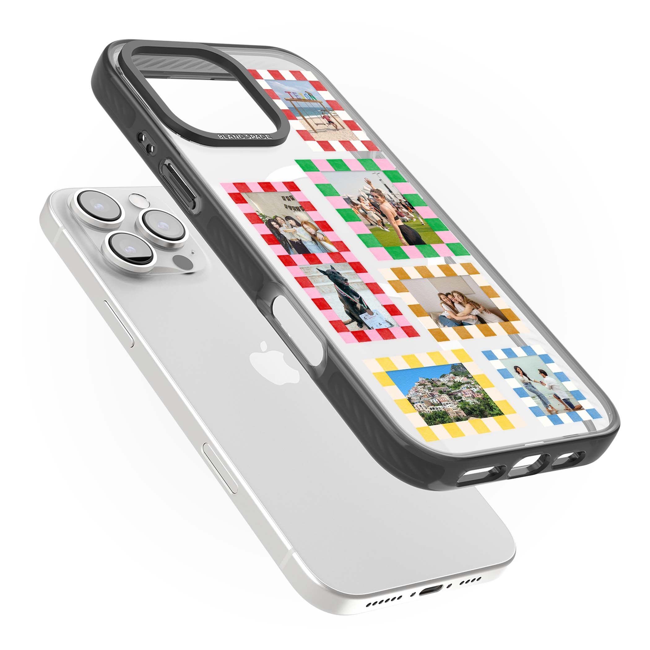 Italian Check Frames custom photo collage iPhone case featuring six checkered photo frames in red, green, pink and  | Black Impact Magsafe case for iPhone 16 Pro, iPhone 16 Pro Max
