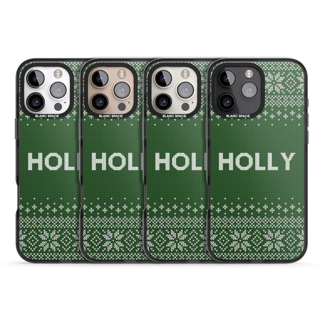 iPhone 16 Pro Max Personalised Green Christmas Knitted Jumper Black Impact Phone Case