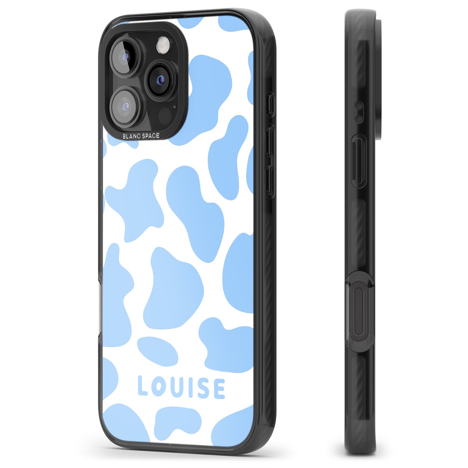 iPhone 16 Pro Max Personalised Blue and White Cow Print Black Impact Phone Case