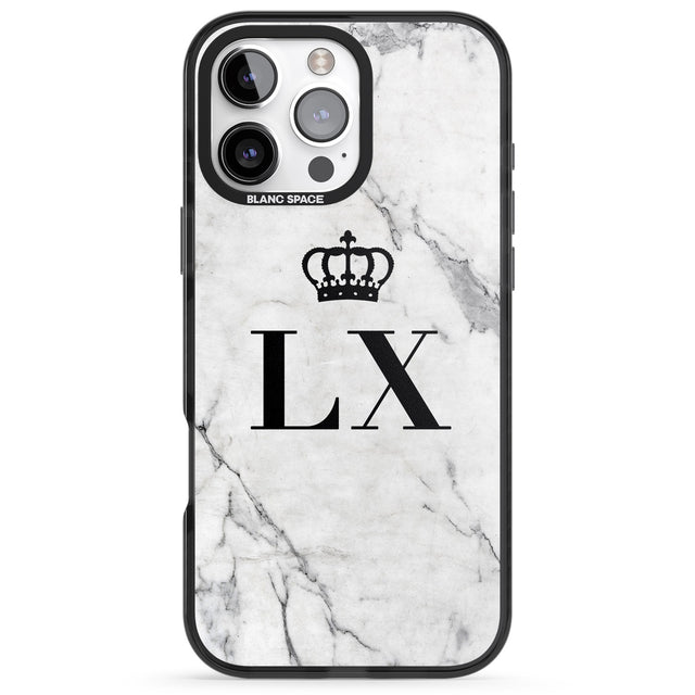 iPhone 16 Pro Max Personalised Initials with Crown on White Marble Black Impact Phone Case