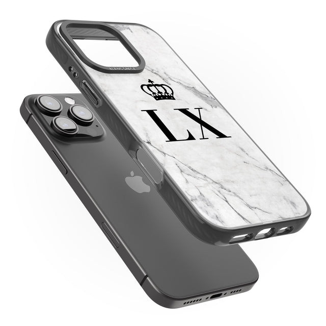 iPhone 16 Pro Max Personalised Initials with Crown on White Marble Black Impact Phone Case