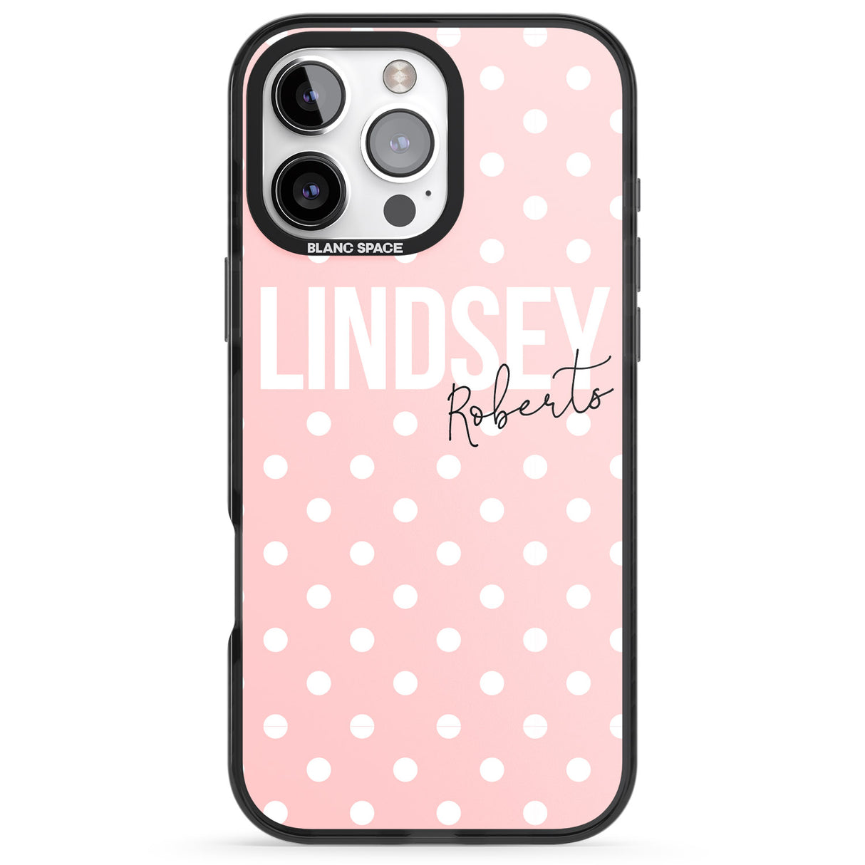 iPhone 16 Pro Max Personalised Pink Polka Black Impact Phone Case