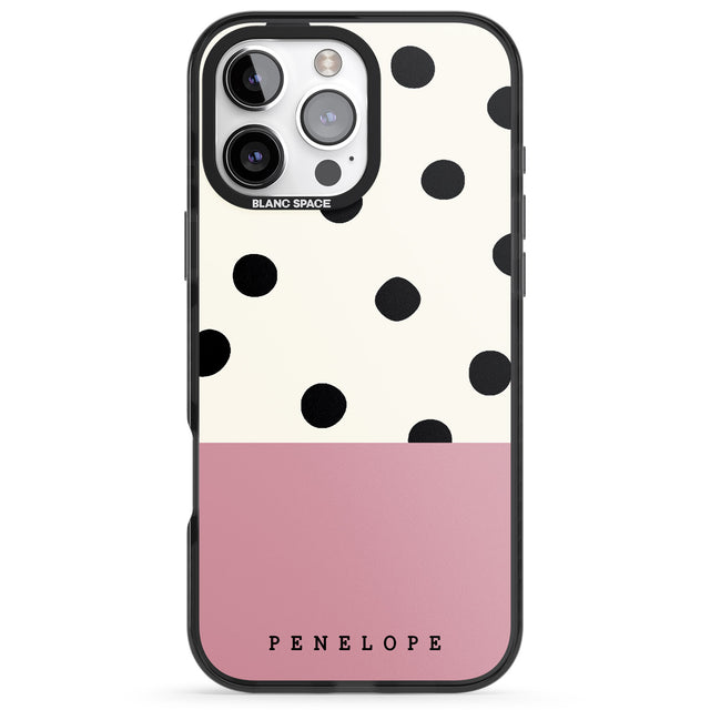 iPhone 16 Pro Max Personalised Pink Border Polka Dot Black Impact Phone Case