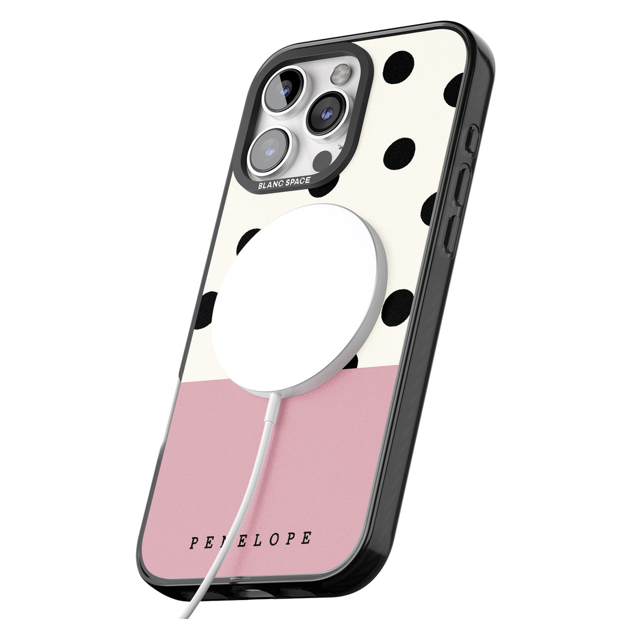 iPhone 16 Pro Max Personalised Pink Border Polka Dot Black Impact Phone Case