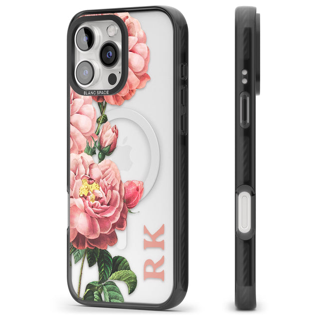 iPhone 16 Pro Max Personalised Clear Vintage Floral Pink Peonies Black Impact Phone Case