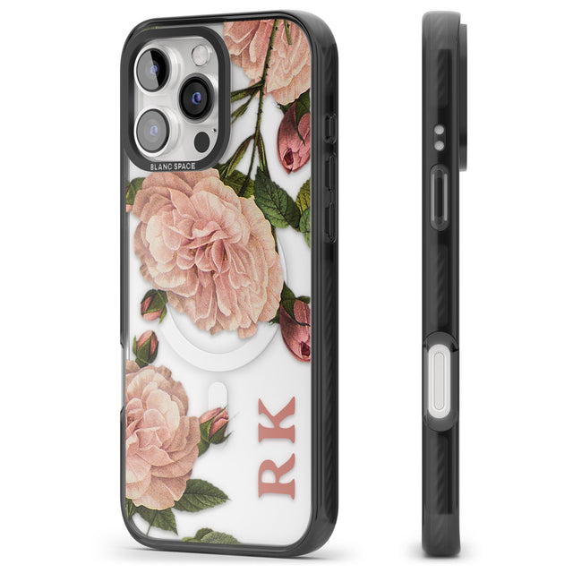 iPhone 16 Pro Max Personalised Clear Vintage Floral Pale Pink Peonies Black Impact Phone Case