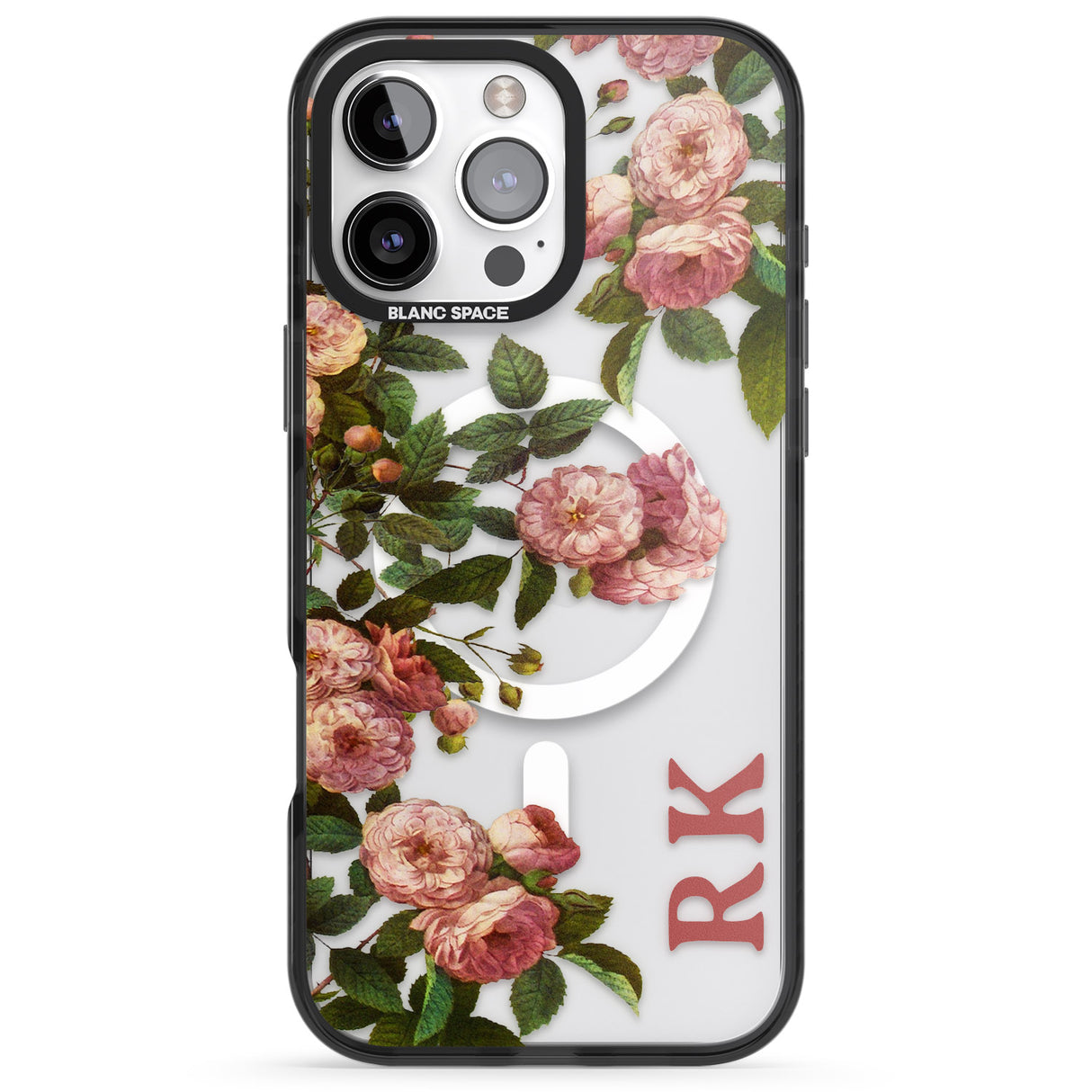 iPhone 16 Pro Max Personalised Clear Vintage Floral Pink Garden Roses Black Impact Phone Case