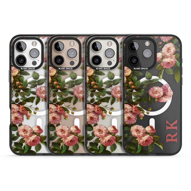 iPhone 16 Pro Max Personalised Clear Vintage Floral Pink Garden Roses Black Impact Phone Case