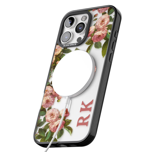 iPhone 16 Pro Max Personalised Clear Vintage Floral Pink Garden Roses Black Impact Phone Case