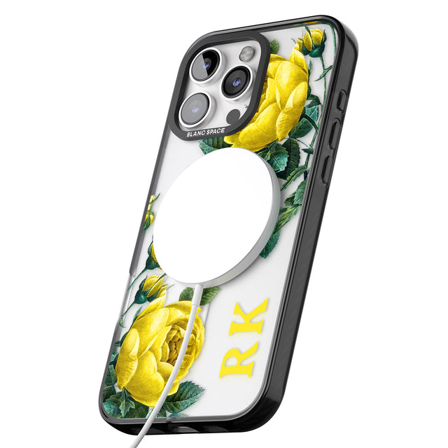 iPhone 16 Pro Max Personalised Clear Vintage Floral Yellow Roses Black Impact Phone Case