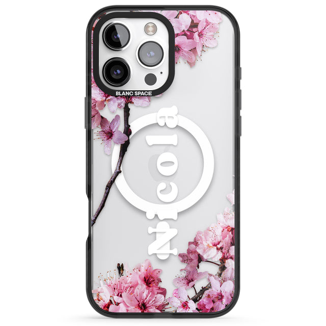 iPhone 16 Pro Max Personalised Cherry Blossoms with Text Black Impact Phone Case