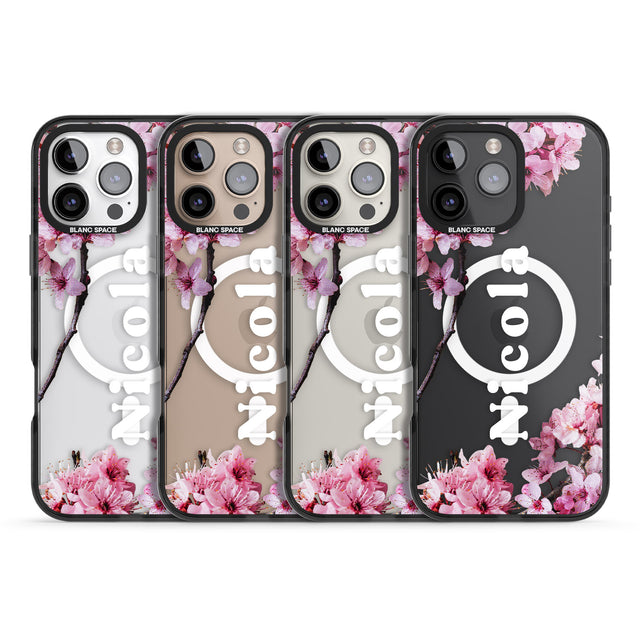 iPhone 16 Pro Max Personalised Cherry Blossoms with Text Black Impact Phone Case