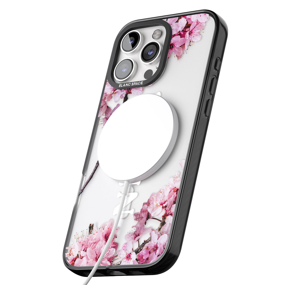 iPhone 16 Pro Max Personalised Cherry Blossoms with Text Black Impact Phone Case