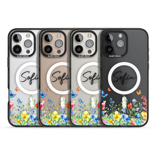 Personalised Buterflies & Wildflowers Black Impact Magsafe Phone Case for iPhone 16 Pro, iPhone 16 Pro Max