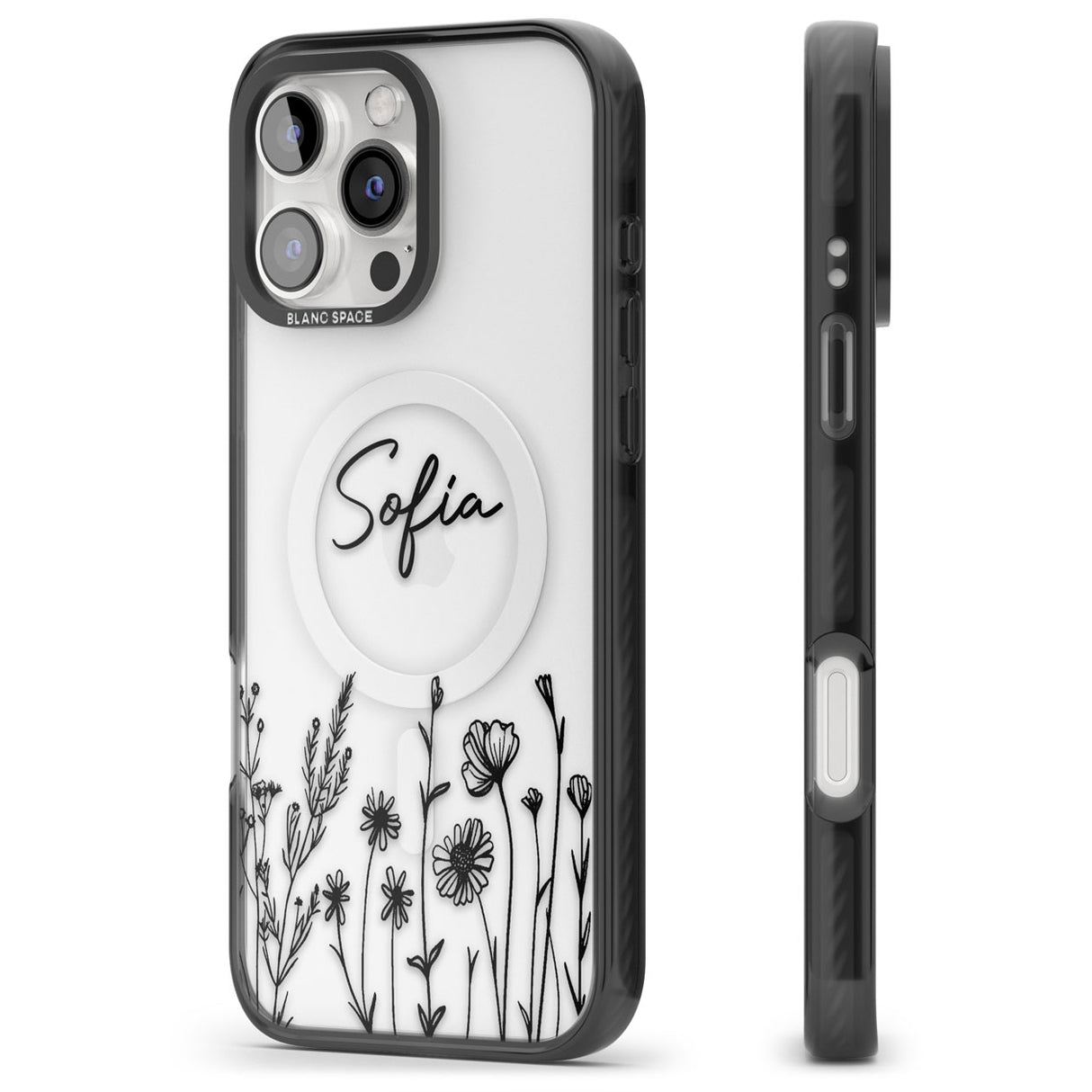 Personalised Black Wildflowers Black Impact Magsafe Phone Case for iPhone 16 Pro, iPhone 16 Pro Max