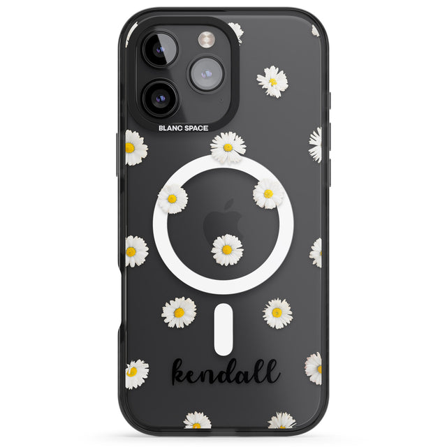 iPhone 16 Pro Max Personalised White Daisies & Cursive Black Impact Phone Case