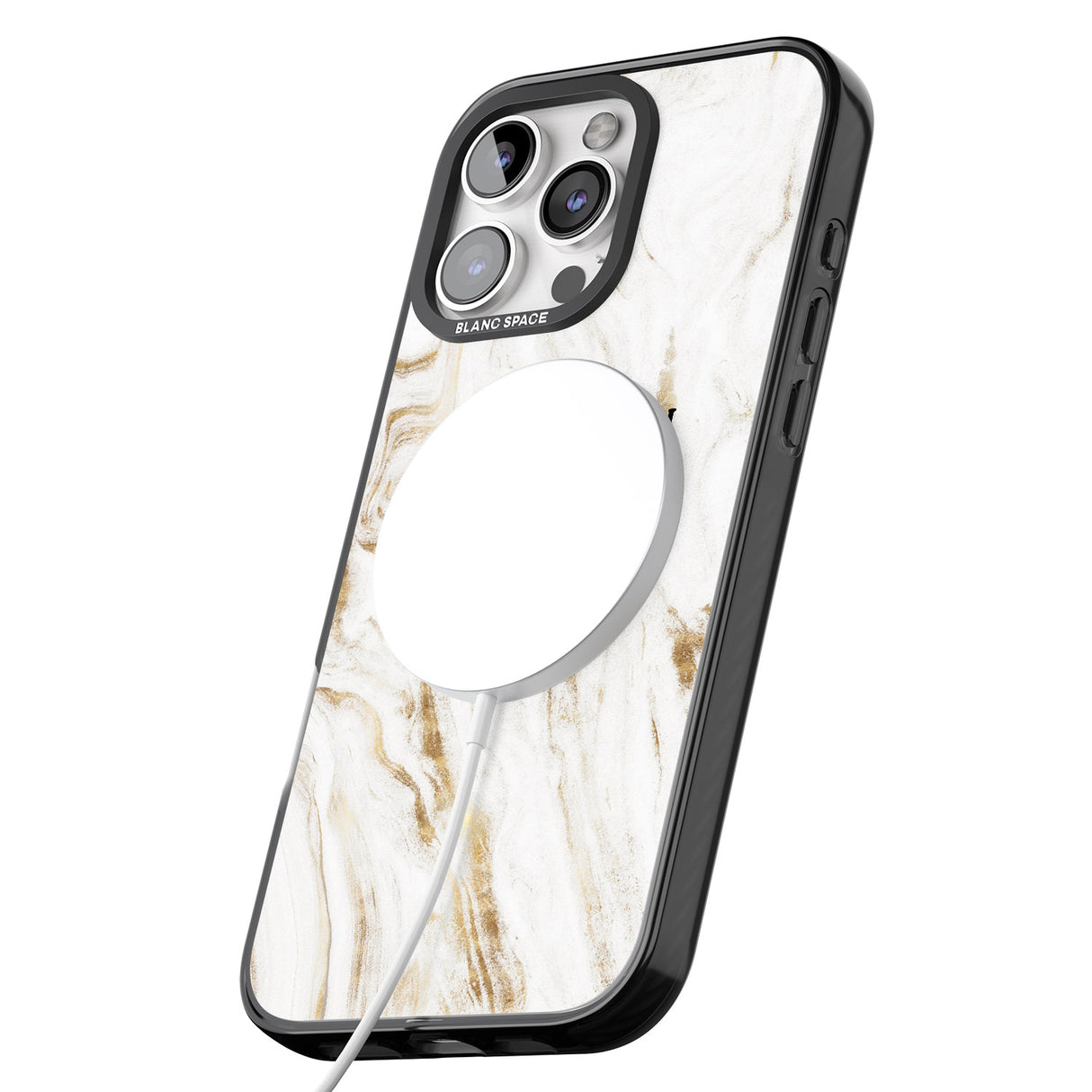 iPhone 16 Pro Max Personalised White & Gold Swirl Marble Black Impact Phone Case