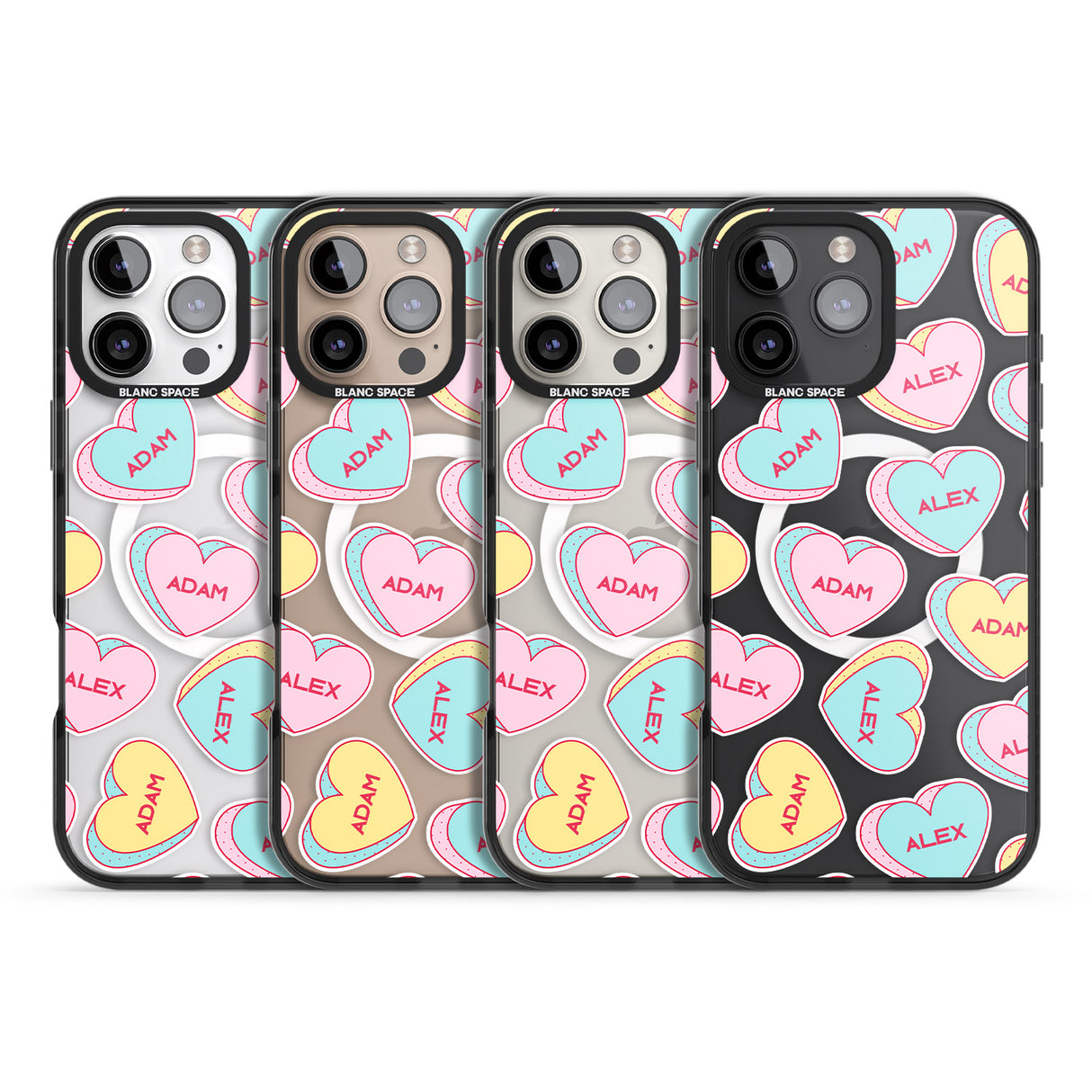 iPhone 16 Pro Max Personalised Text Love Hearts Black Impact Phone Case