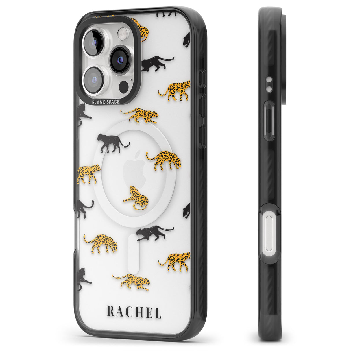 iPhone 16 Pro Max Personalised Jaguar Pattern on Transparent Black Impact Phone Case