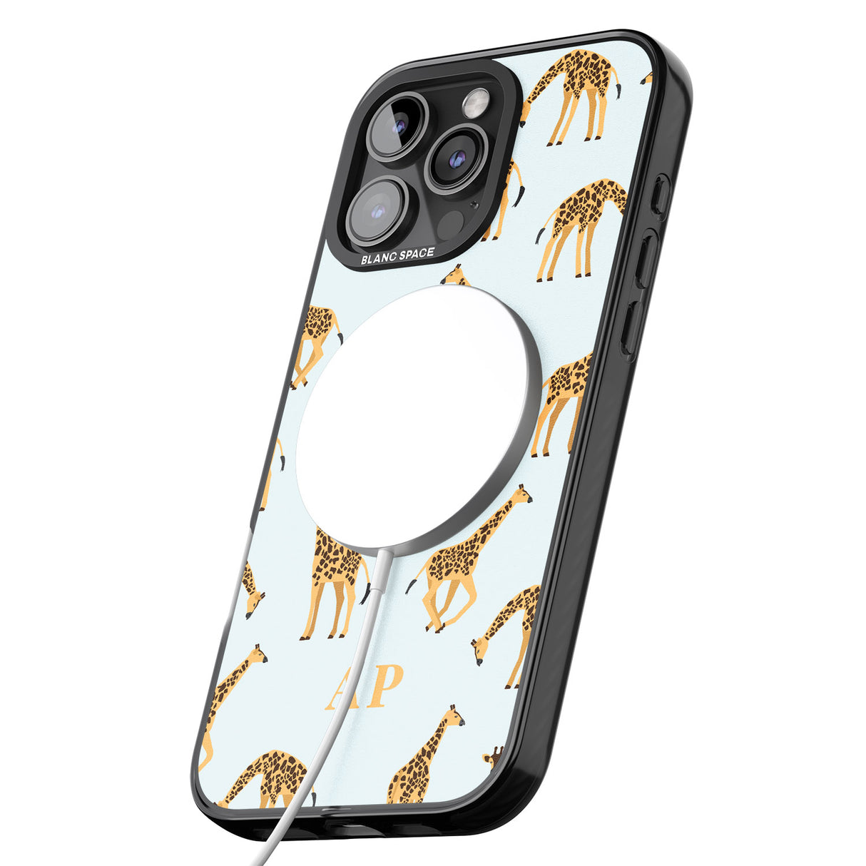 iPhone 16 Pro Max Personalised Safari Giraffe Pattern on Blue Black Impact Phone Case