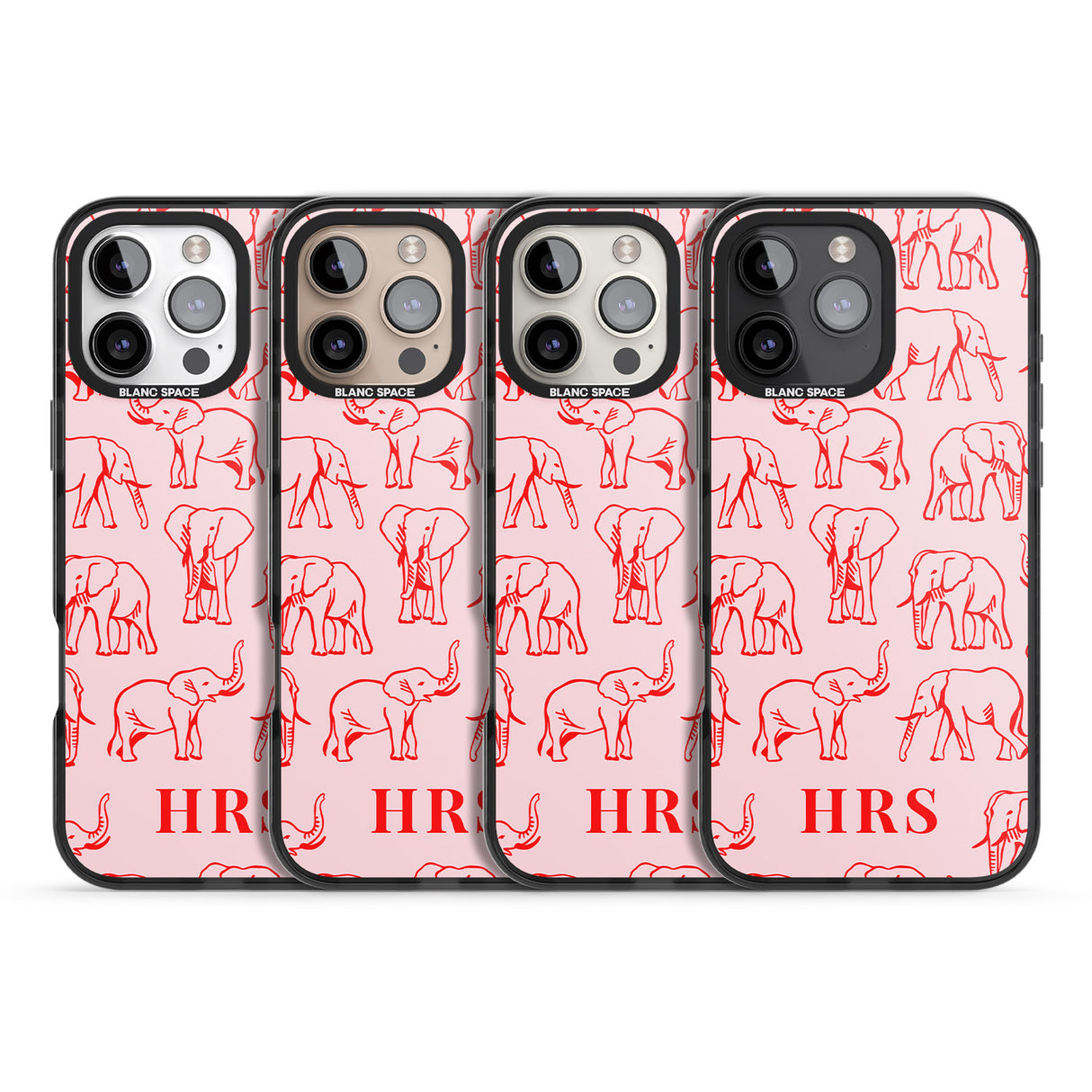 iPhone 16 Pro Max Personalised Red Elephant Outlines on Pink Black Impact Phone Case