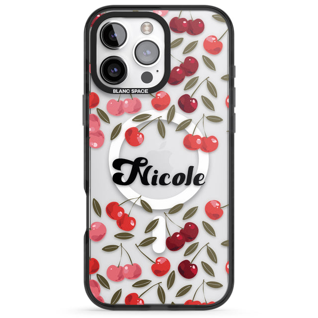 iPhone 16 Pro Max Personalised Cherry Pattern Black Impact Phone Case + Magsafe