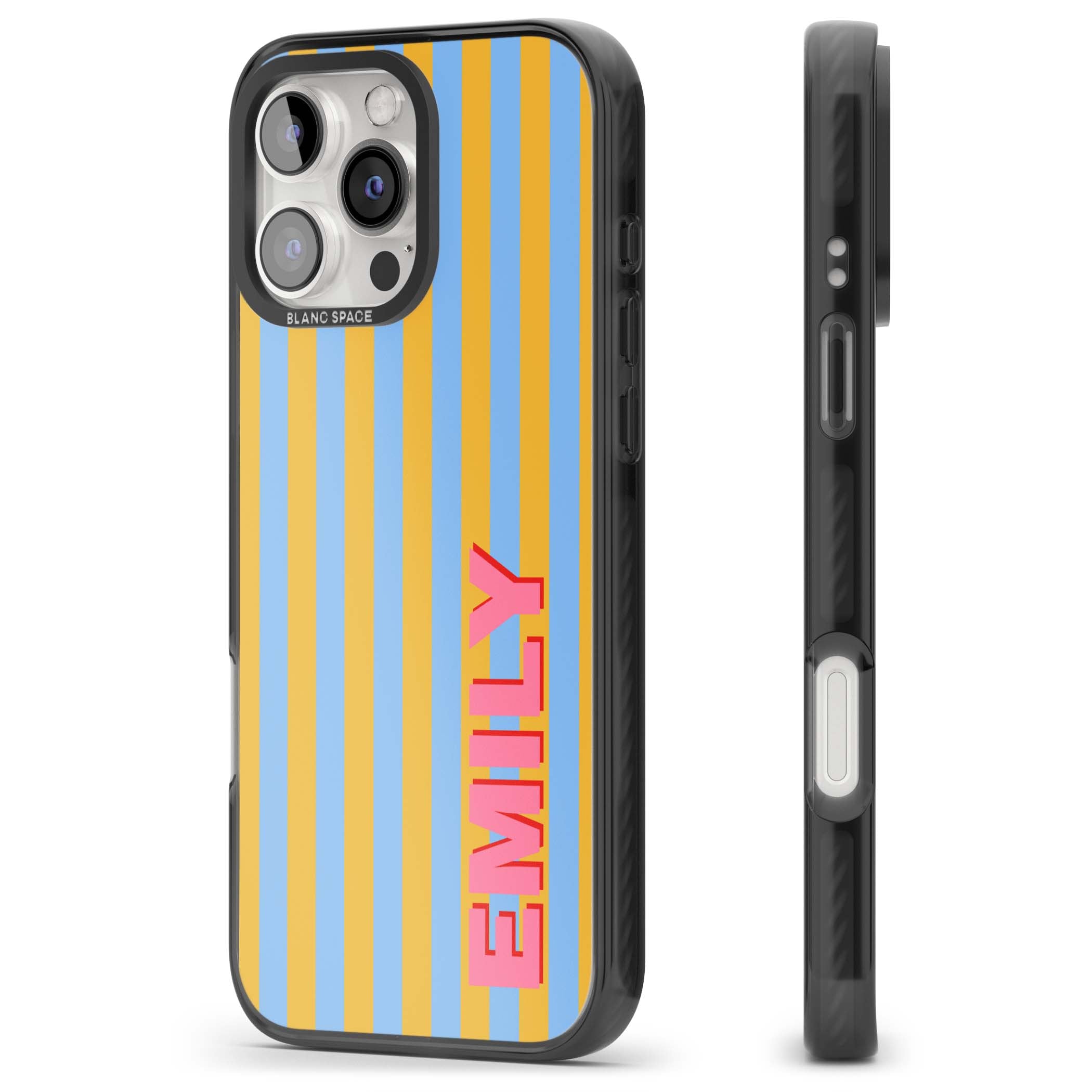 Carribean Stripe personalised coastal iPhone case with yellow and blue vertical stripes and a custom pink name | Black Impact Magsafe case for iPhone 16 Pro, iPhone 16 Pro Max