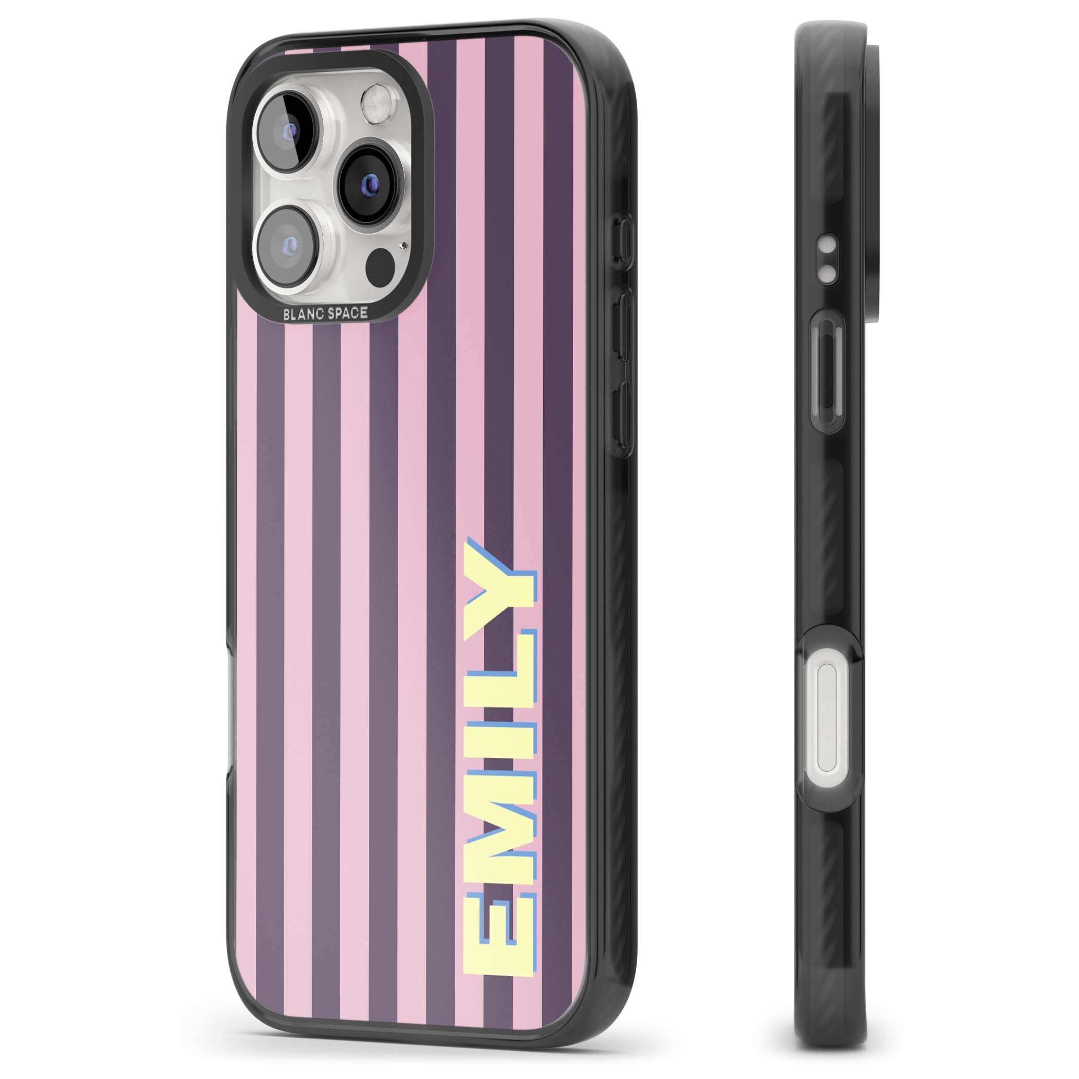 Tyre Stripe personalised stripe iPhone case with plum and pink vertical stripes and custom yellow name | Black Impact Magsafe case for iPhone 16 Pro, iPhone 16 Pro Max