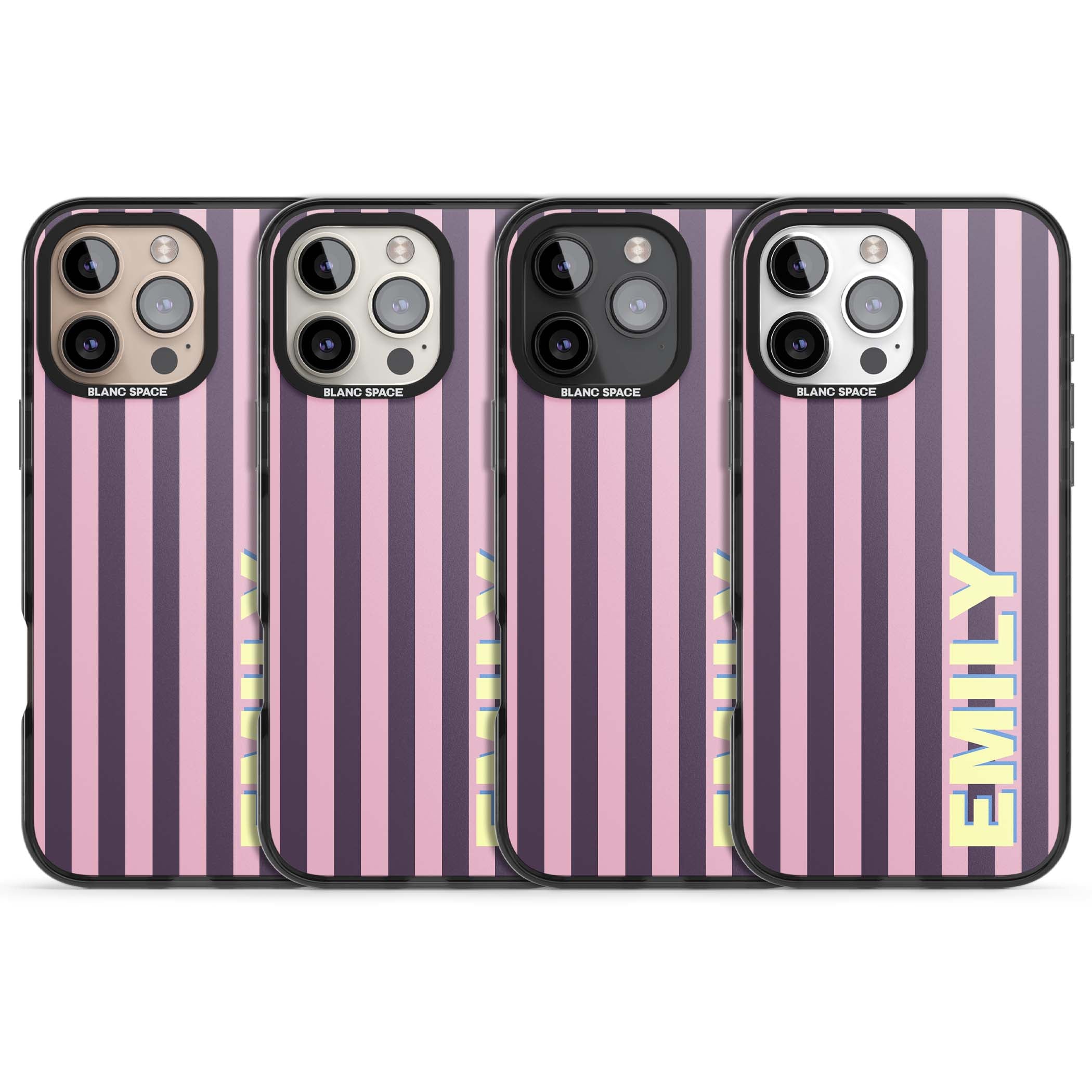 Tyre Stripe personalised stripe iPhone case with plum and pink vertical stripes and custom yellow name | Black Impact Magsafe case for iPhone 16 Pro, iPhone 16 Pro Max