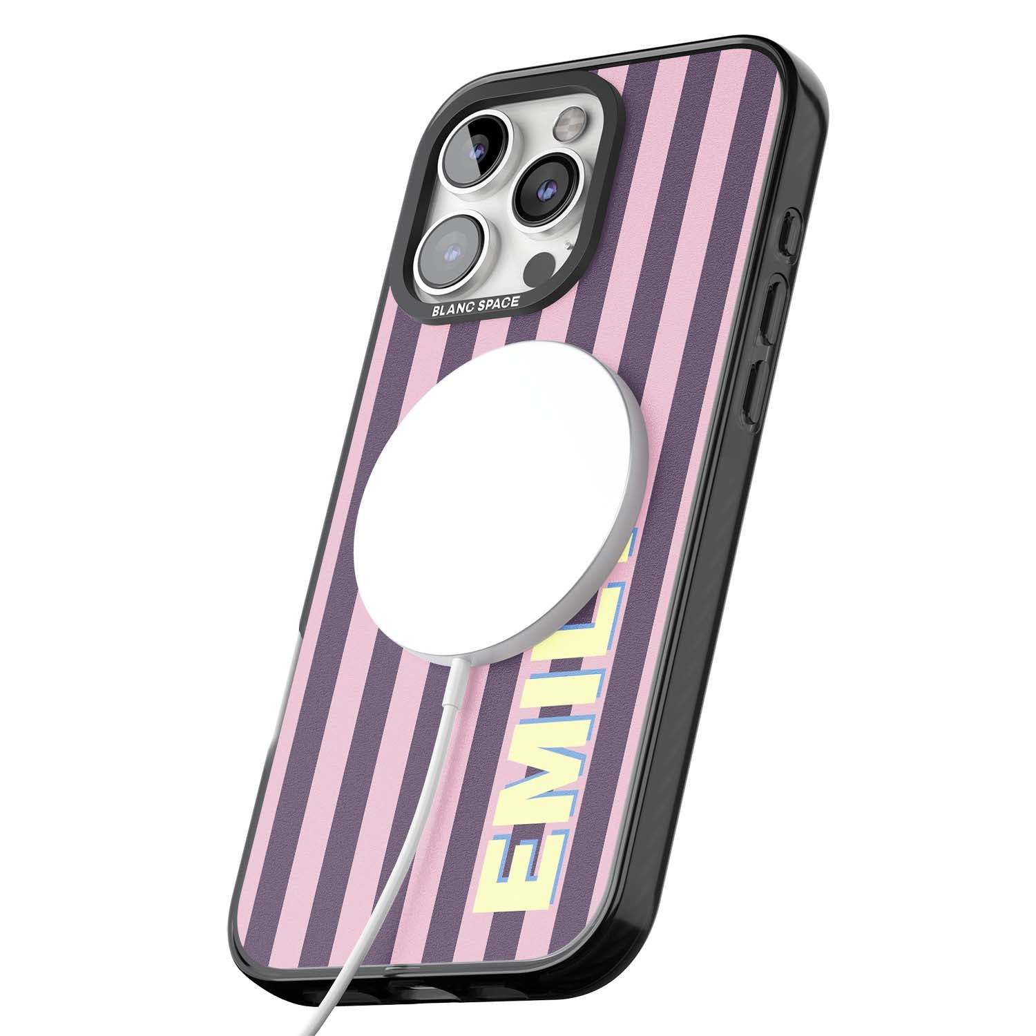 Tyre Stripe personalised stripe iPhone case with plum and pink vertical stripes and custom yellow name | Black Impact Magsafe case for iPhone 16 Pro, iPhone 16 Pro Max