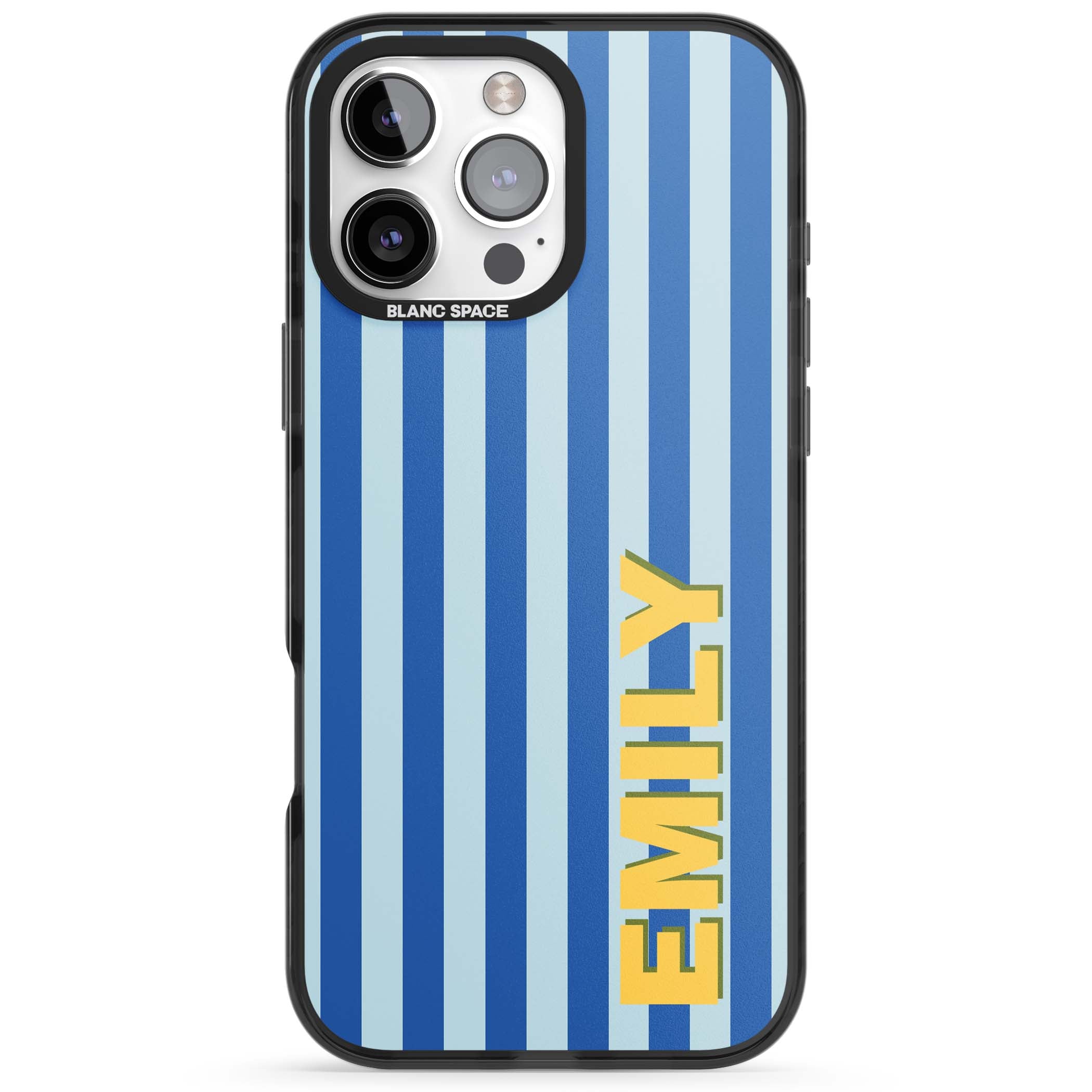 Athenian Stripe personalised preppy iPhone case featuring blue vertical stripes and a custom yellow name | Black Impact Magsafe case for iPhone 16 Pro, iPhone 16 Pro Max