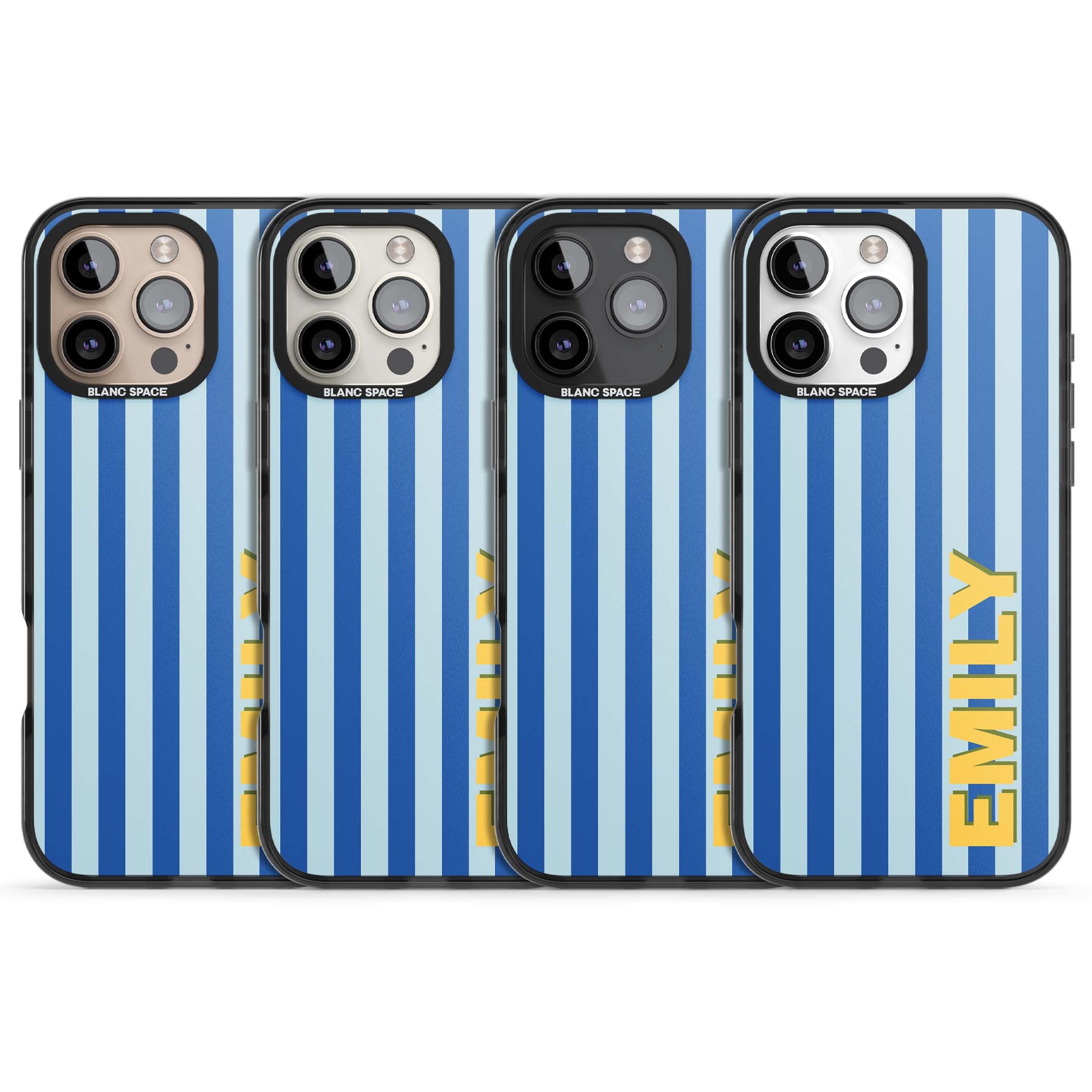 Athenian Stripe personalised preppy iPhone case featuring blue vertical stripes and a custom yellow name | Black Impact Magsafe case for iPhone 16 Pro, iPhone 16 Pro Max