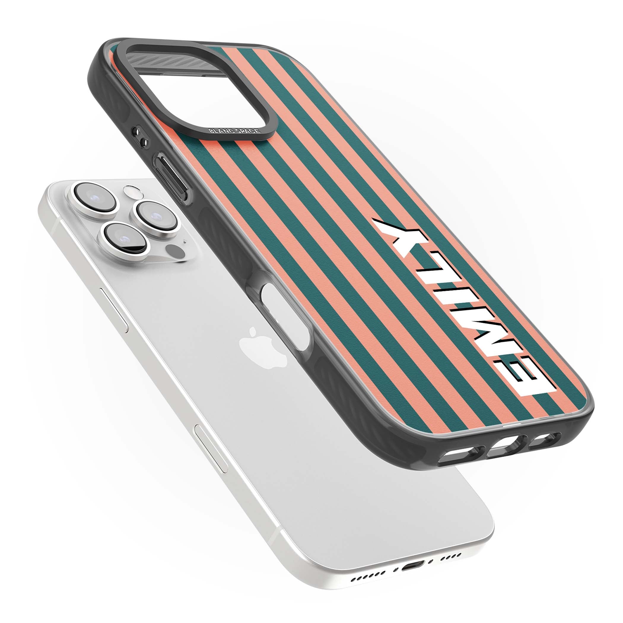 Tuscan Stripe personalised iPhone case featuring coral and green vertical stripes with bold custom name | Black Impact Magsafe case for iPhone 16 Pro, iPhone 16 Pro Max