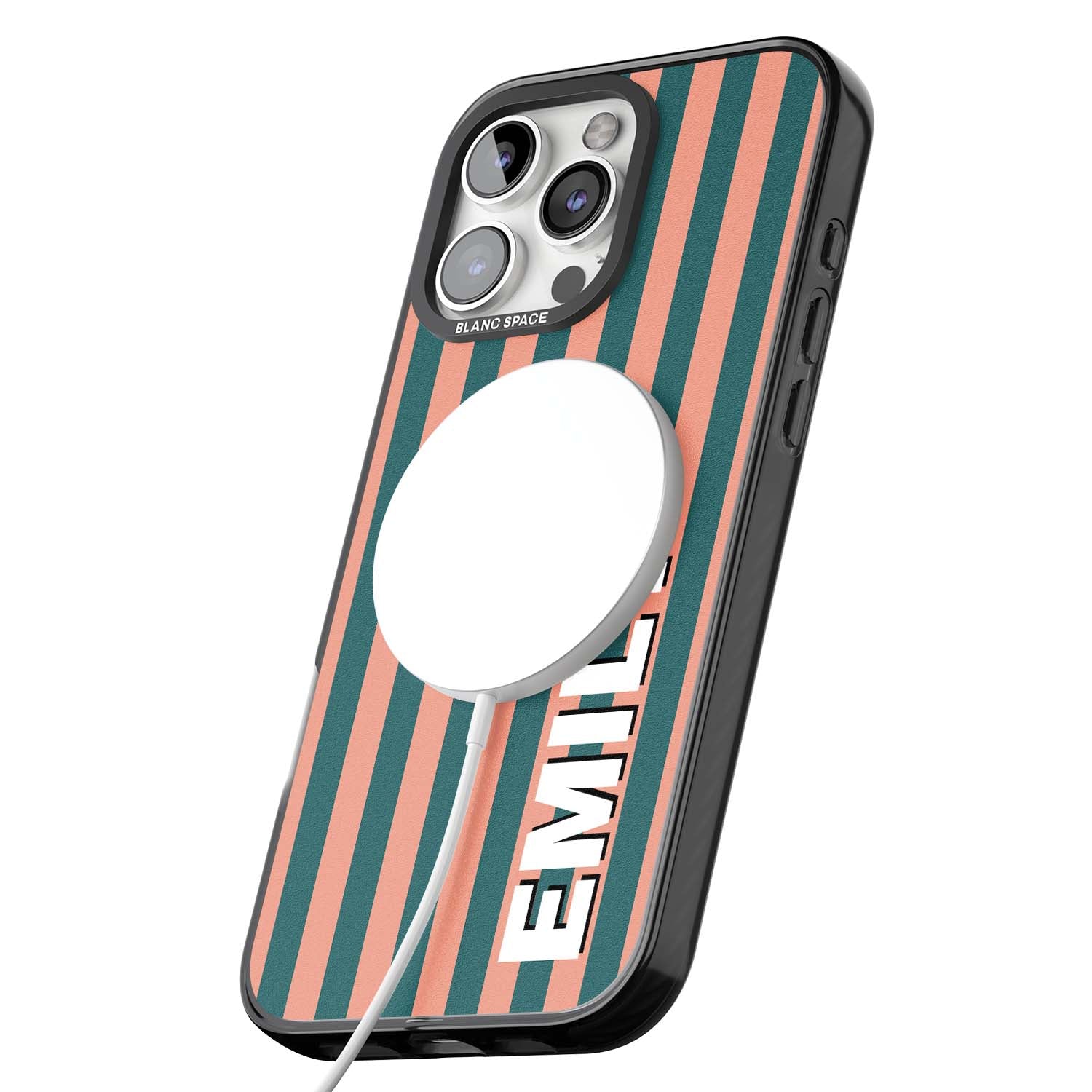 Tuscan Stripe personalised iPhone case featuring coral and green vertical stripes with bold custom name | Black Impact Magsafe case for iPhone 16 Pro, iPhone 16 Pro Max