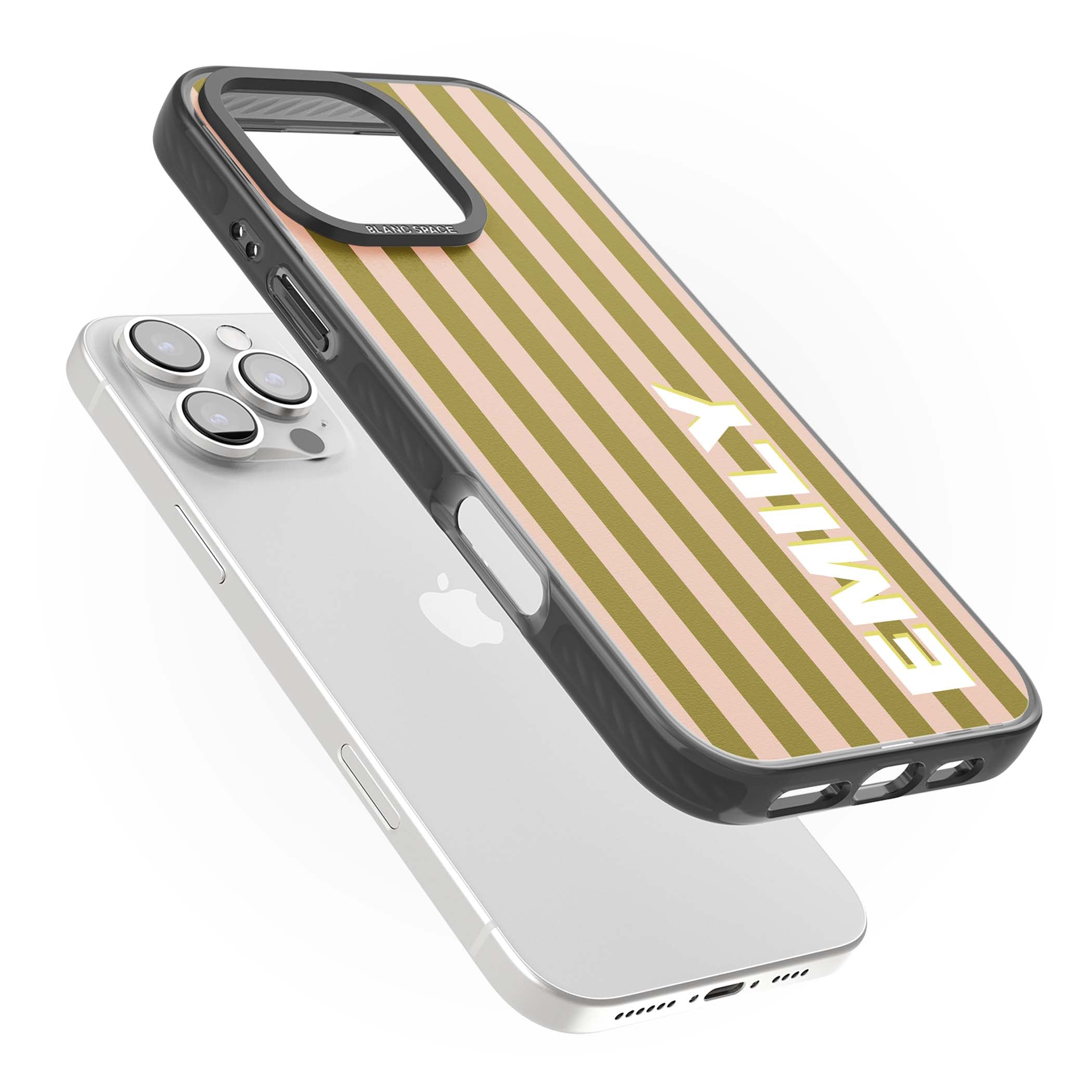 Indian Stripe personalised iPhone case featuring olive green and blush pink vertical stripes with custom name in whit | Black Impact Magsafe case for iPhone 16 Pro, iPhone 16 Pro Max
