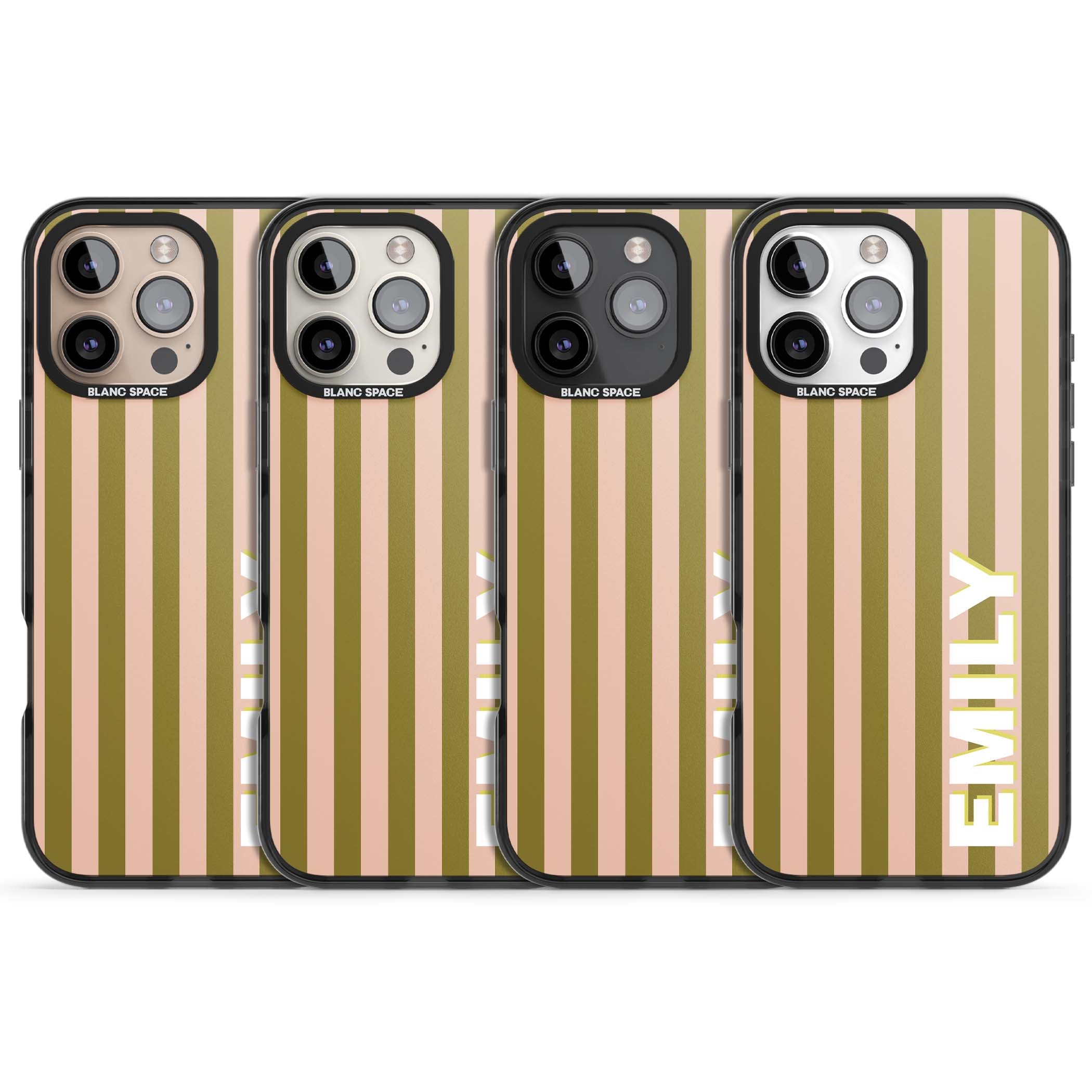 Indian Stripe personalised iPhone case featuring olive green and blush pink vertical stripes with custom name in whit | Black Impact Magsafe case for iPhone 16 Pro, iPhone 16 Pro Max