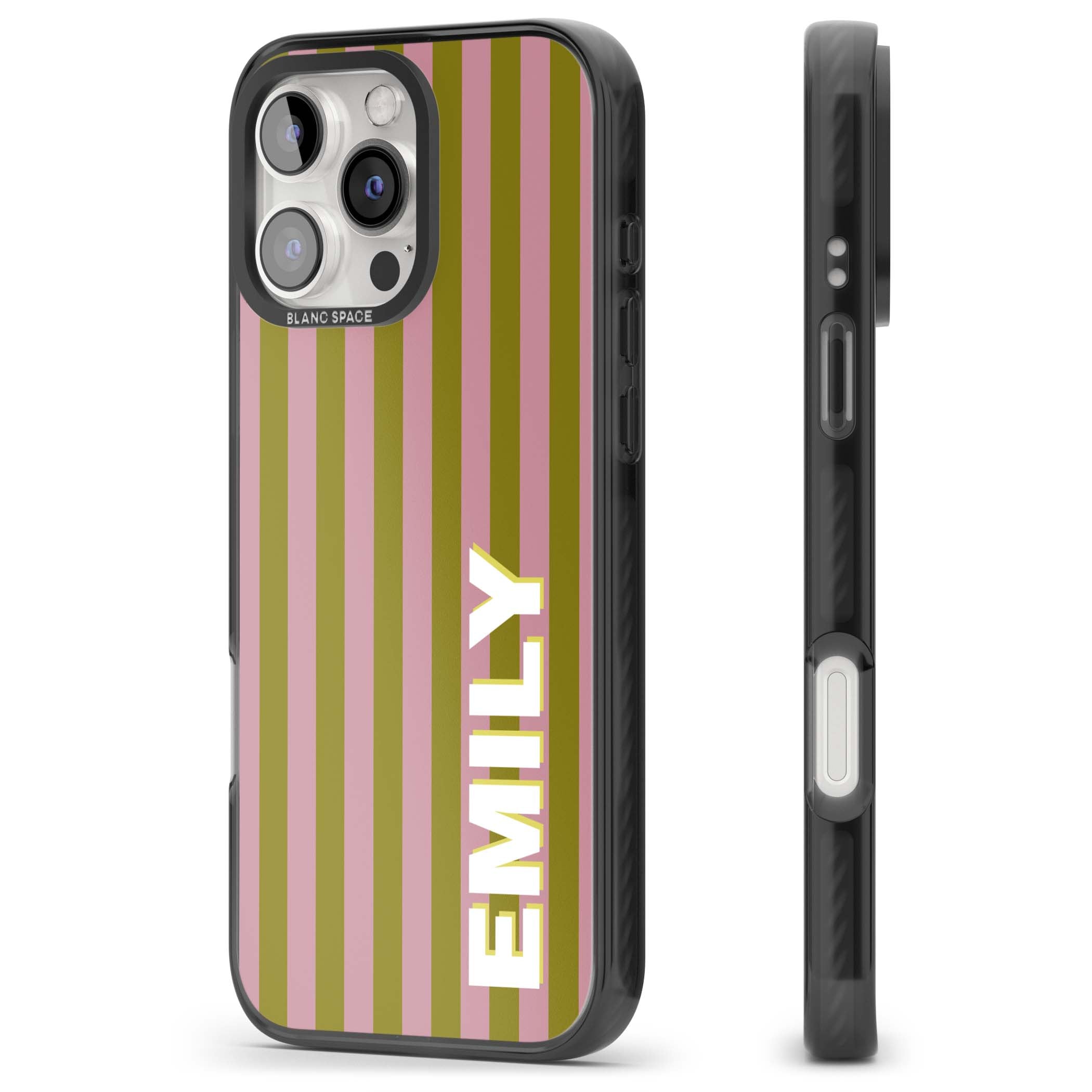 Istanbul Stripe personalised iPhone case featuring pink and olive green vertical stripes with a custom vertical name | Black Impact Magsafe case for iPhone 16 Pro, iPhone 16 Pro Max