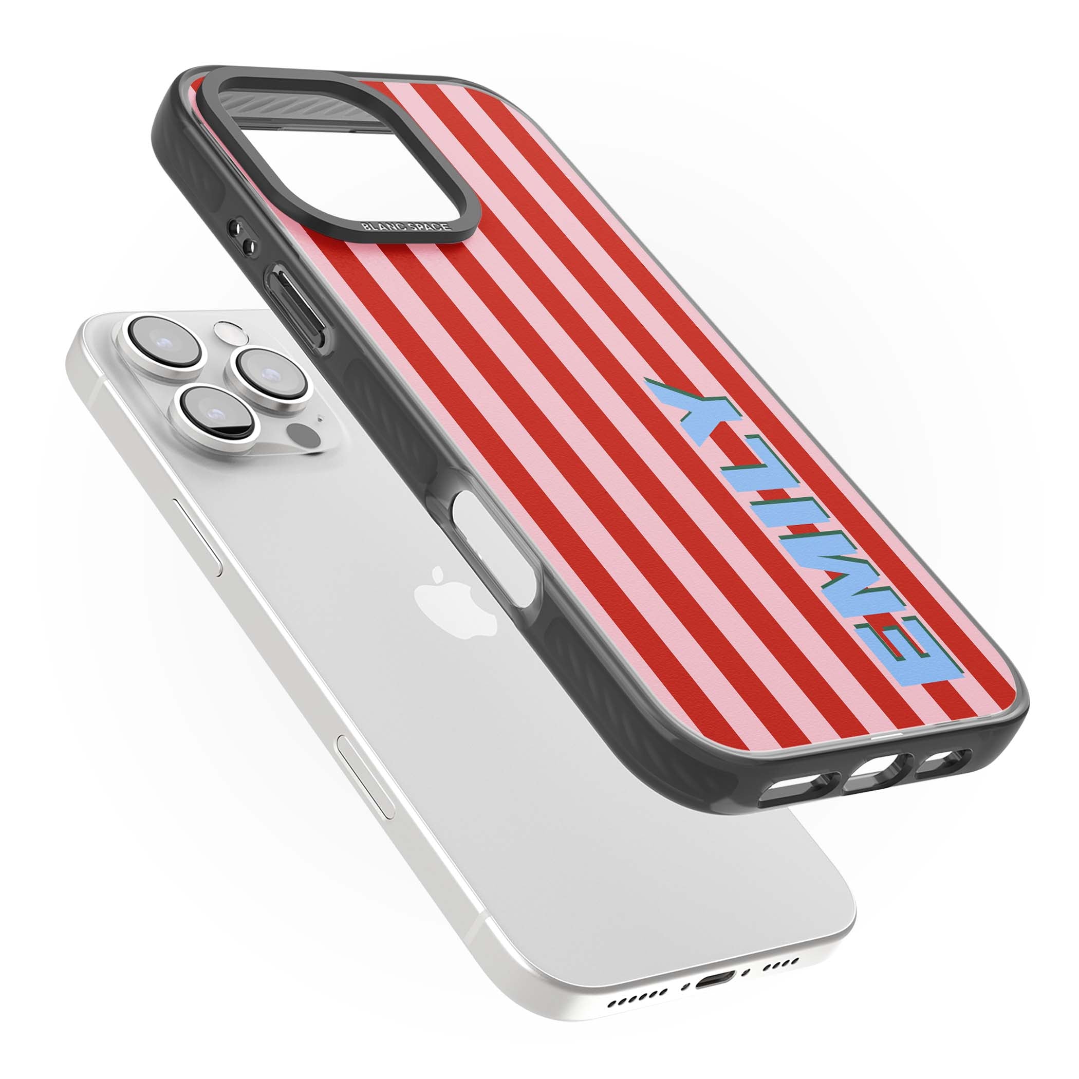 Market Stripe personalised iPhone case with red and pink vertical stripes and custom blue name | Black Impact Magsafe case for iPhone 16 Pro, iPhone 16 Pro Max