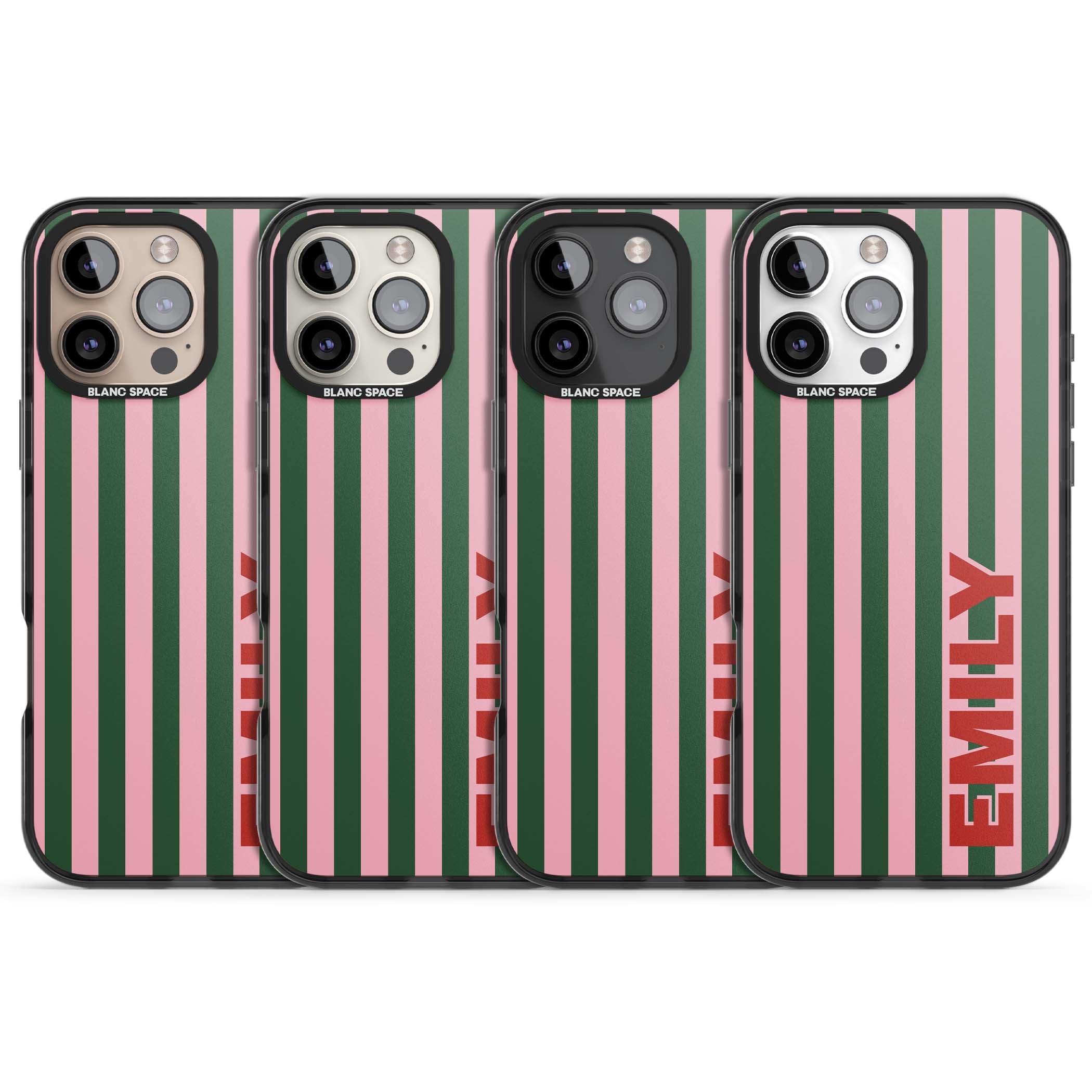 Italian Stripe preppy iPhone case featuring pink and green vertical stripes with personalised red name | Black Impact Magsafe case for iPhone 16 Pro, iPhone 16 Pro Max