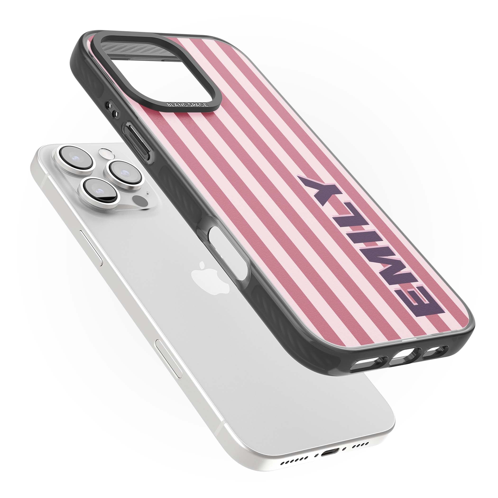 Victoria Stripe personalised iPhone case featuring pink vertical stripes and custom name in bold plum lettering | Black Impact Magsafe case for iPhone 16 Pro, iPhone 16 Pro Max