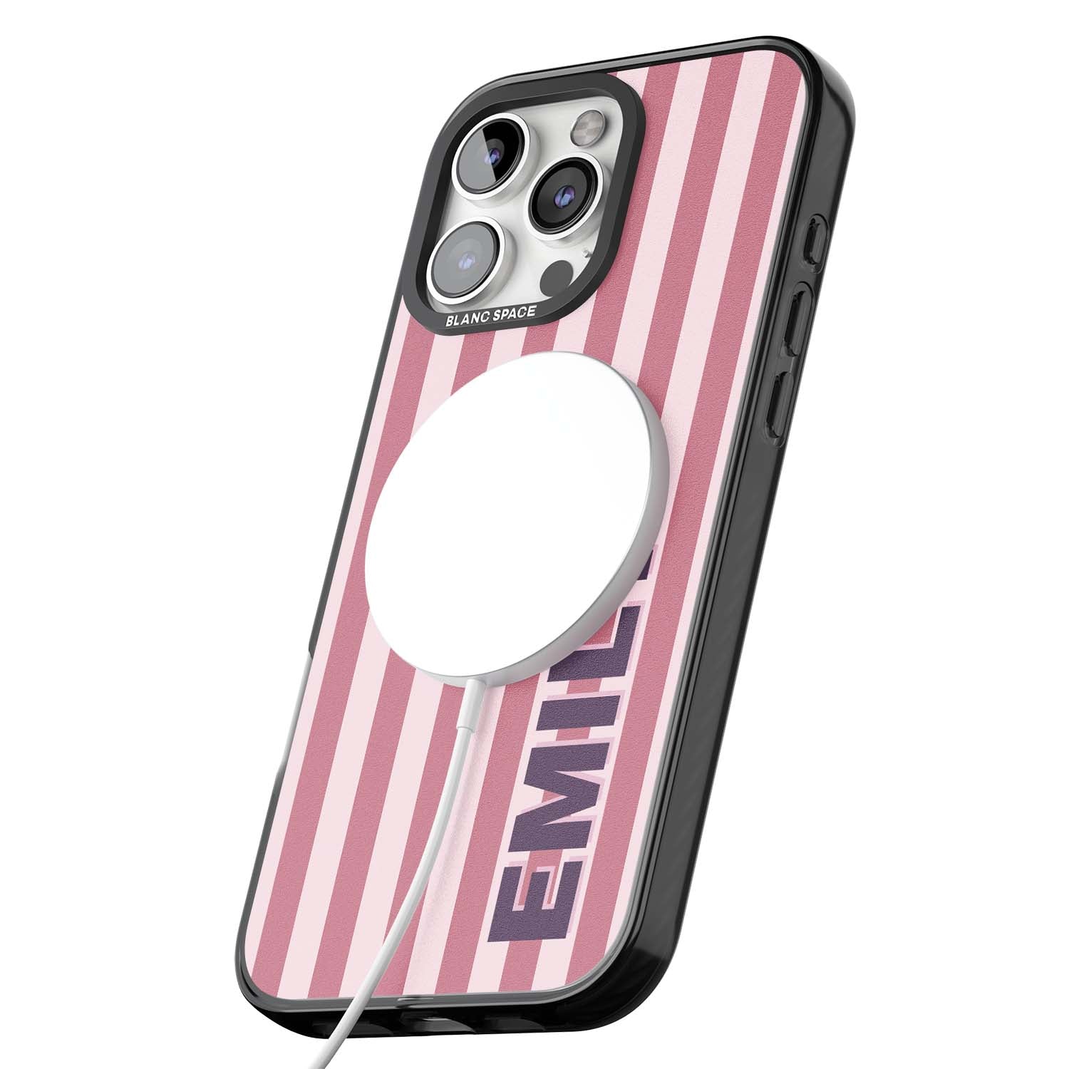 Victoria Stripe personalised iPhone case featuring pink vertical stripes and custom name in bold plum lettering | Black Impact Magsafe case for iPhone 16 Pro, iPhone 16 Pro Max