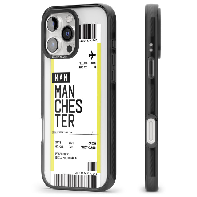 iPhone 16 Pro Max Personalised Manchester Boarding Pass Black Impact Phone Case