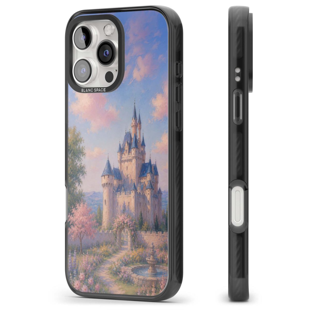 Enchanted Kingdom fairytale iPhone case featuring a romantic castle painting with cherry blossoms and pastel pink sky | Black Impact Magsafe case for iPhone 16 Pro, iPhone 16 Pro Max